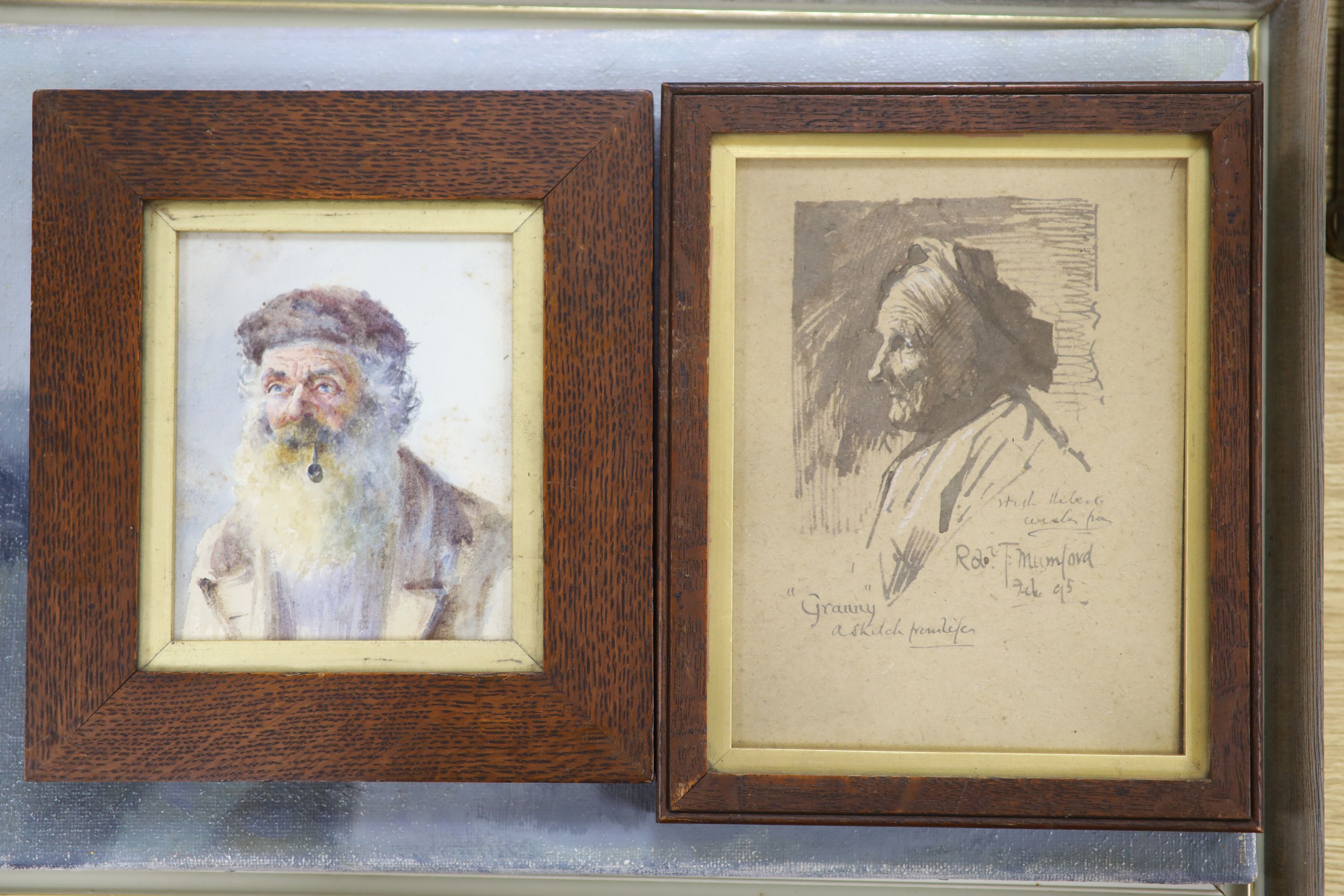Robert Mumford (1895-1939), ink and wash, Granny, a sketch, signed and dated '95, 20 x 15cm and an unsigned watercolour of a pipe smoker, 14 x 12cm